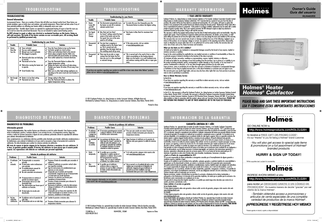 Holmes HLH4422EE warranty Troubleshooting, Year Limited Warranty, Diagnostico DE Problemas, Garantía Limitada DE 1 AÑO 