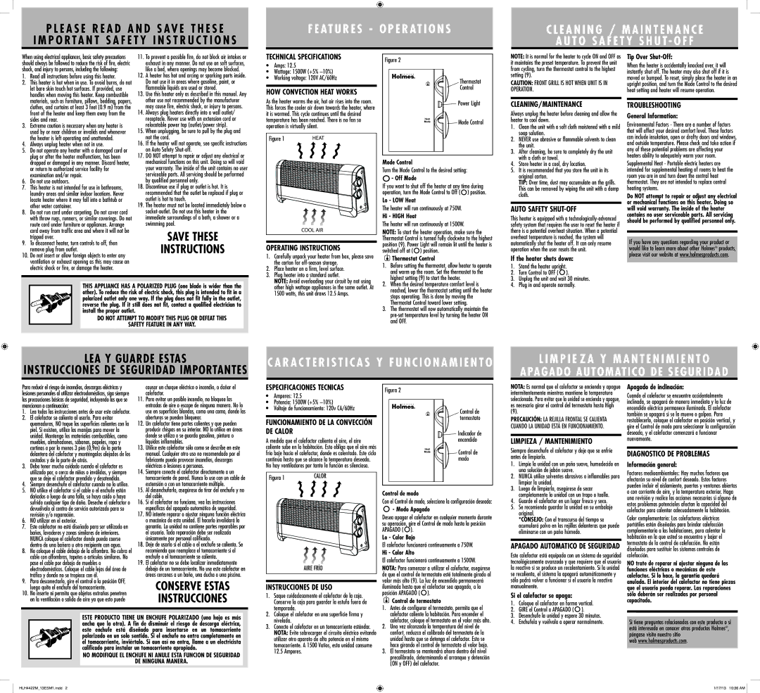 Holmes HLH4422M warranty Technical Specifications, Operating Instructions, Cleaning/Maintenance, Auto Safety SHUT-OFF 