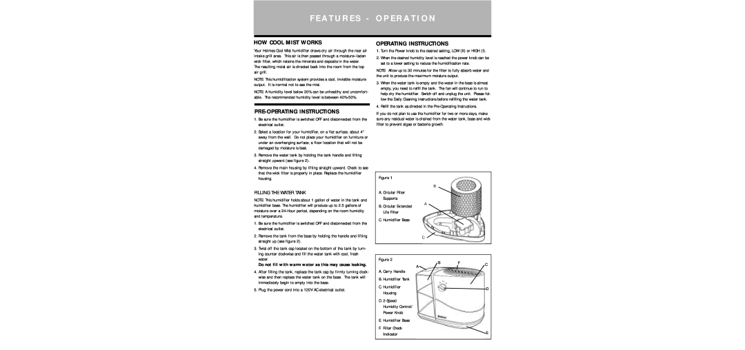 Holmes HM1230 F E A T U R E S - O P E R A T I O N, How Cool Mist Works, Pre-Operatinginstructions, Operating Instructions 