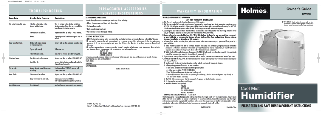 Holmes HM1280 warranty Service Instructions 