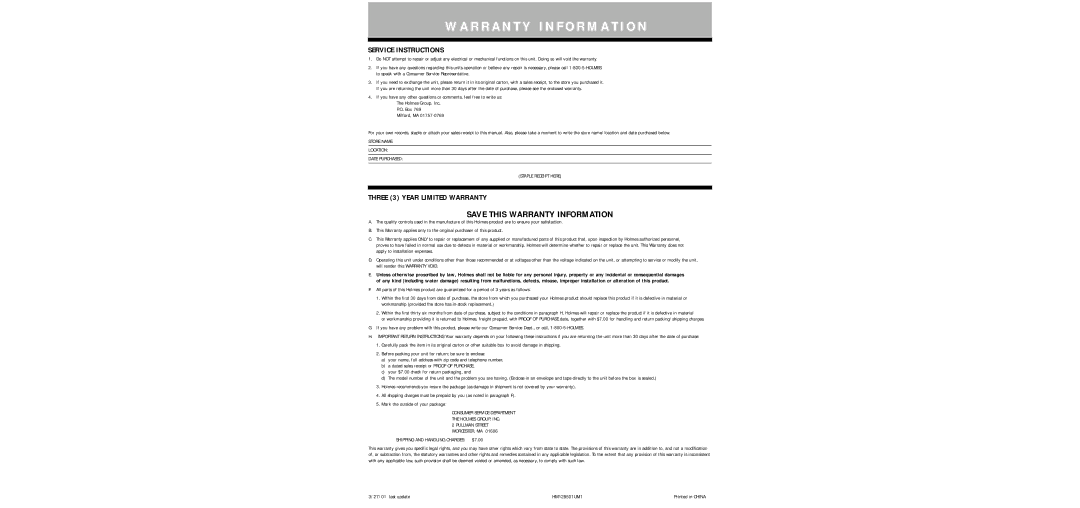 Holmes HM1285 warranty Save this Warranty Information, Service Instructions, Three 3 Year Limited Warranty 