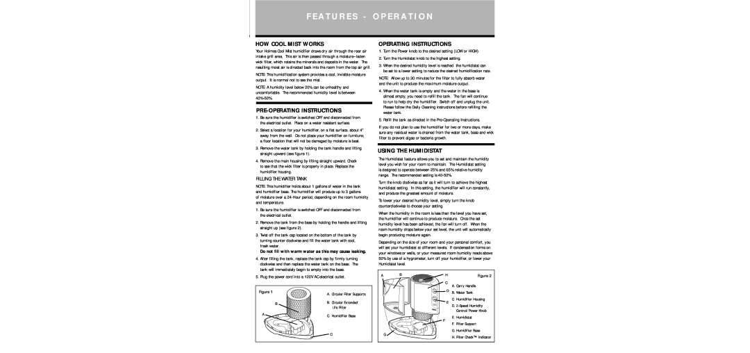 Holmes HM1285 F E A T U R E S - O P E R A T I O N, How Cool Mist Works, Pre-Operatinginstructions, Operating Instructions 