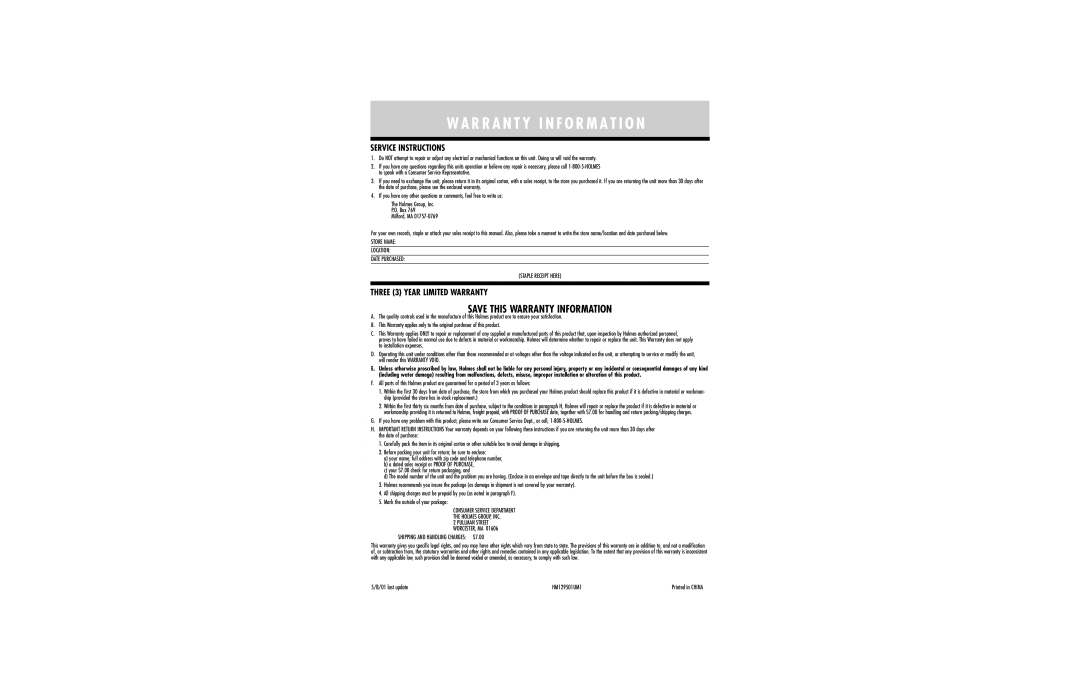 Holmes HM1295 operating instructions R R a N T Y I N F O R M a T I O N, Save this Warranty Information 