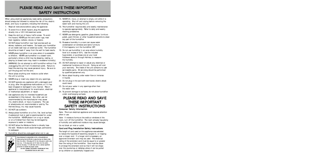 Holmes HM1700 warranty Safety Instructions, Do not pour water in any openings other than the water tank 