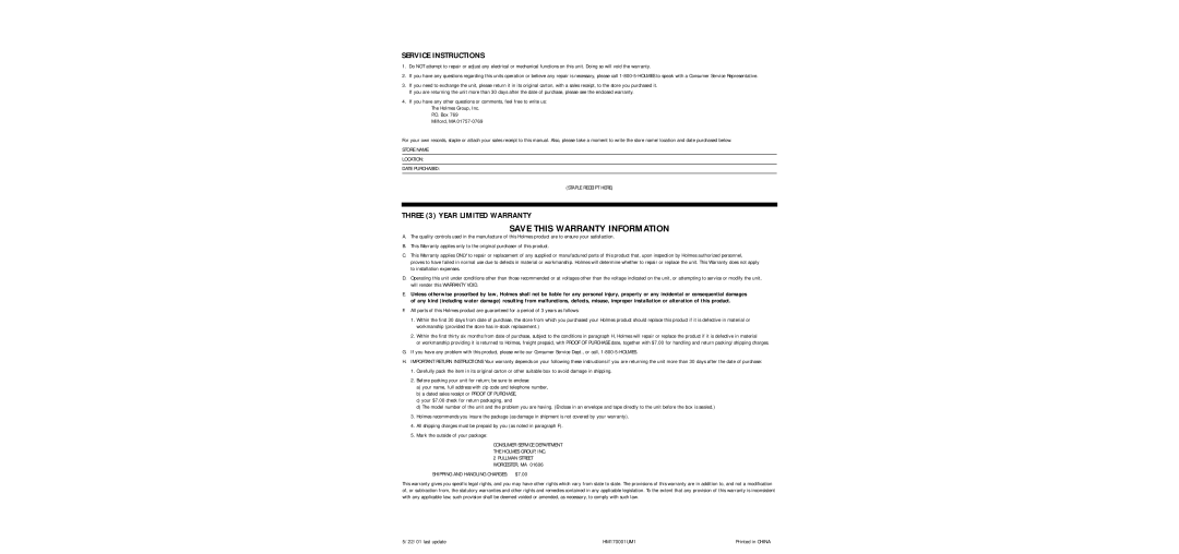 Holmes HM1700 warranty Save this Warranty Information, Service Instructions, Three 3 Year Limited Warranty 