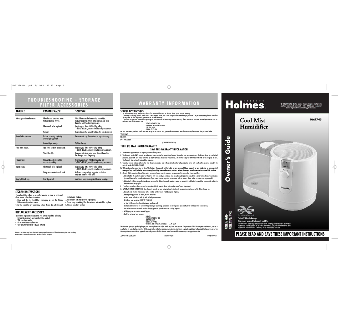 Holmes HM1745 warranty Replacement Accessory 