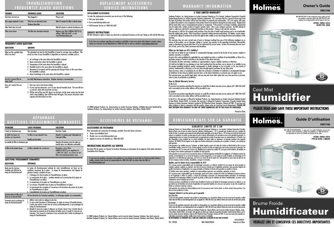 Holmes HM1746-UC warranty Frequently Asked Questions, Veuillez Lire ET Conserver CES Directives Importantes 