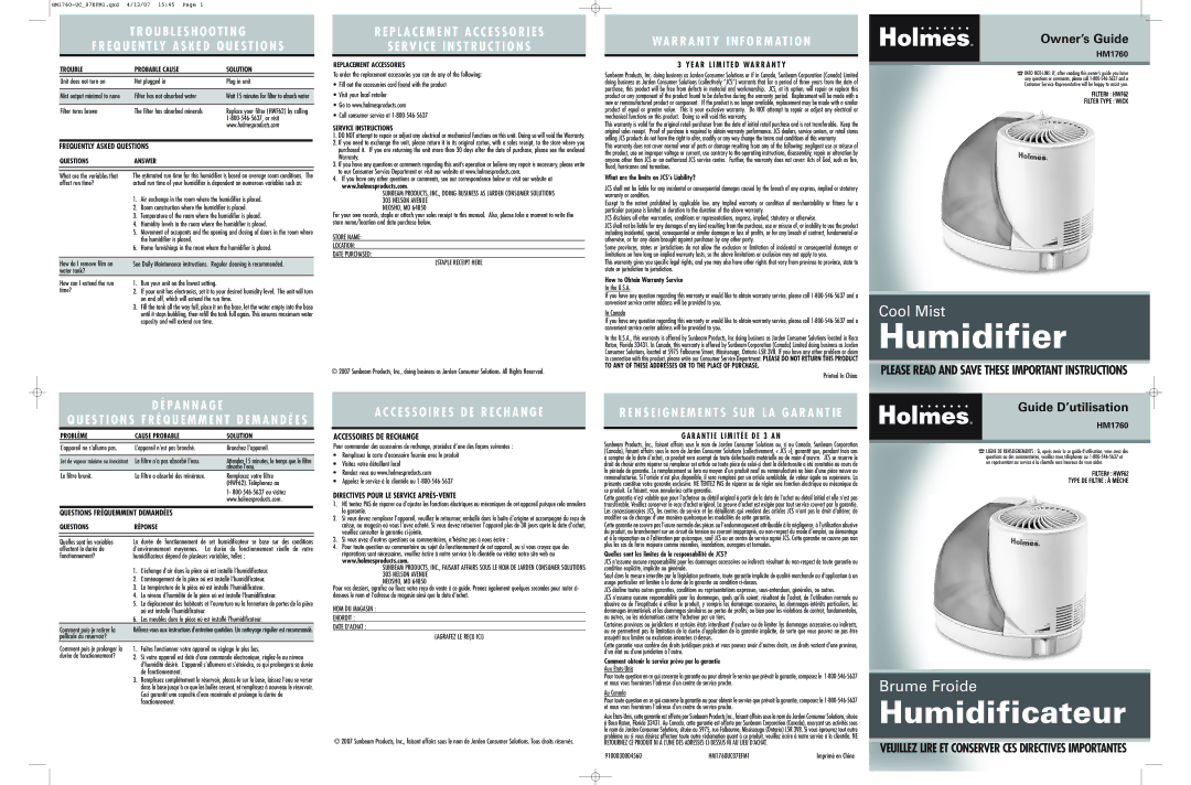 Holmes HM1760 warranty Frequently Asked Questions, Directives Pour LE Service APRÈS-VENTE 