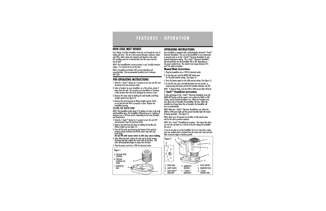 Holmes HM1850 warranty HOW Cool Mist Works, PRE-OPERATING Instructions, Operating Instructions, Filling the Water Tank 