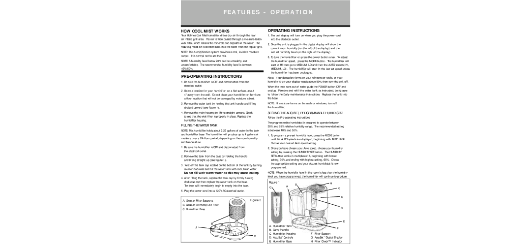 Holmes HM1855 warranty HOW Cool Mist Works, PRE-OPERATING Instructions, Operating Instructions, Filling the Water Tank 