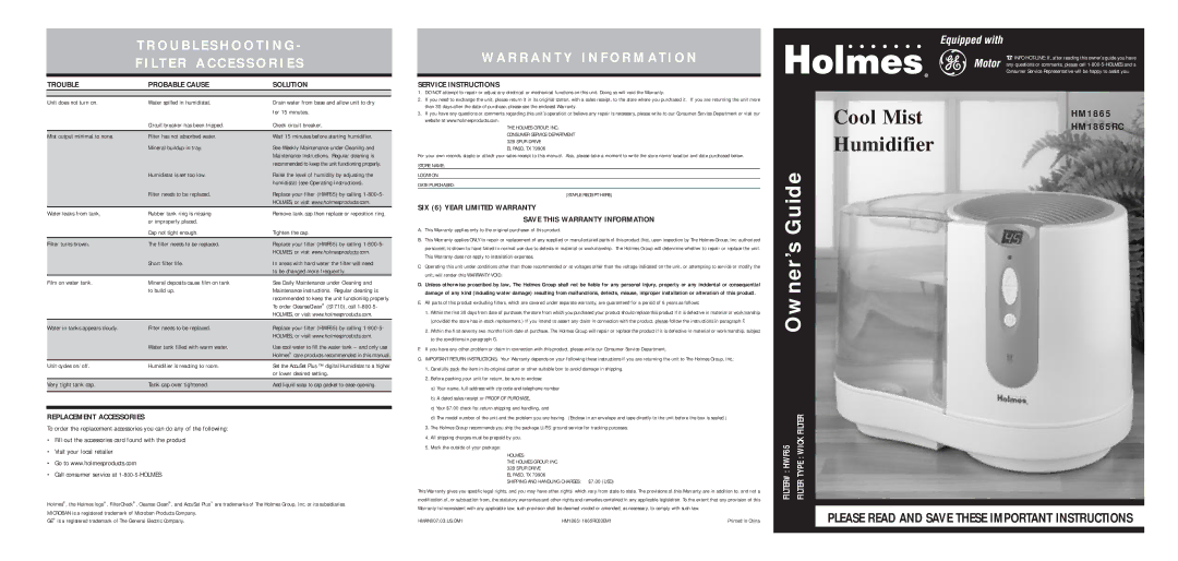 Holmes HM1865RC warranty Trouble Probable Cause Solution, Replacement Accessories, Service Instructions 