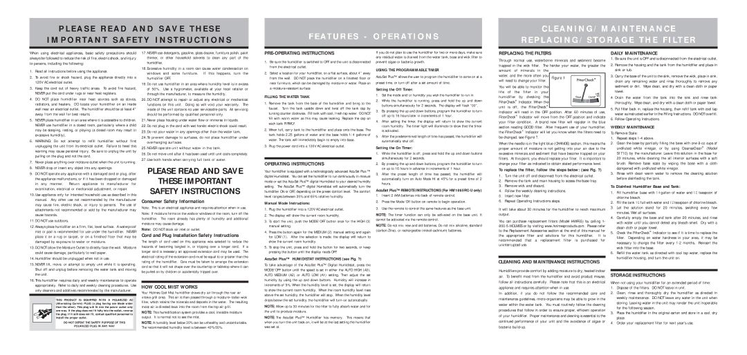 Holmes HM1865RC warranty HOW Cool Mist Works, PRE-OPERATING Instructions, Operating Instructions, Replacing the Filters 