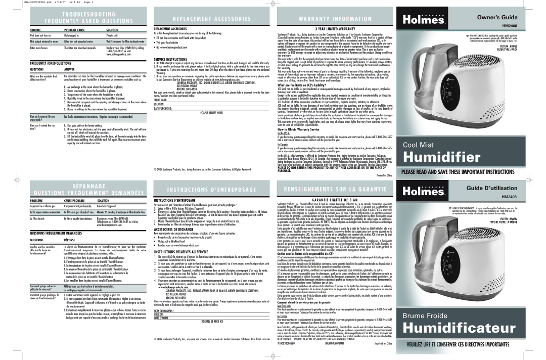 Holmes HM2408 warranty Frequently Asked Questions, Questions Fréquemment Demandées, Instructions D’ENTREPOSAGE 