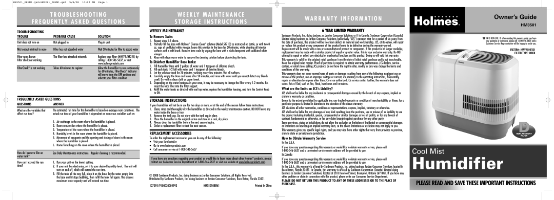 Holmes HM3501 warranty Weekly Maintenance, Storage Instructions, Replacement Accessories, Year Limited Warranty 