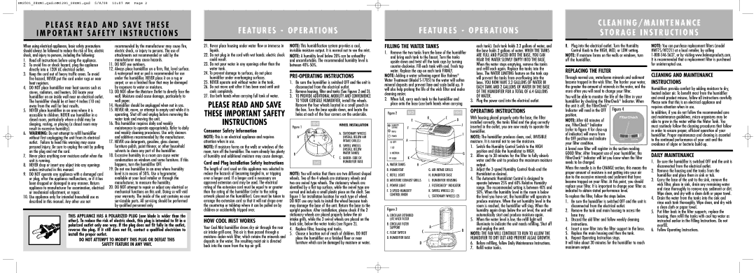 Holmes HM3501 warranty Filling the Water Tanks, PRE-OPERATING Instructions, Operating Instructions, Replacing the Filter 