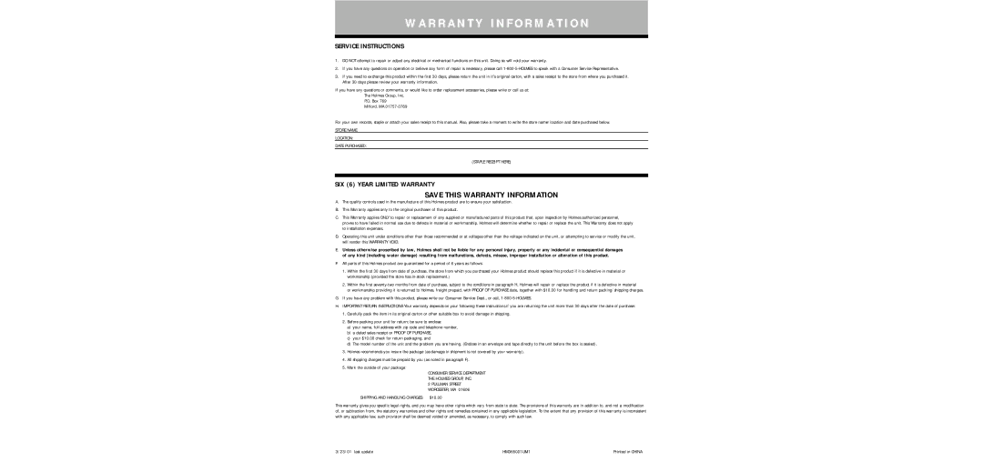 Holmes HM3650 warranty Save this Warranty Information, Service Instructions, SIX 6 Year Limited Warranty 