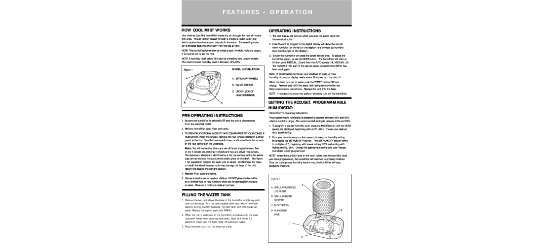 Holmes HM3650 F E A T U R E S - O P E R A T I O N, How Cool Mist Works, Pre-Operatinginstructions, Operating Instructions 