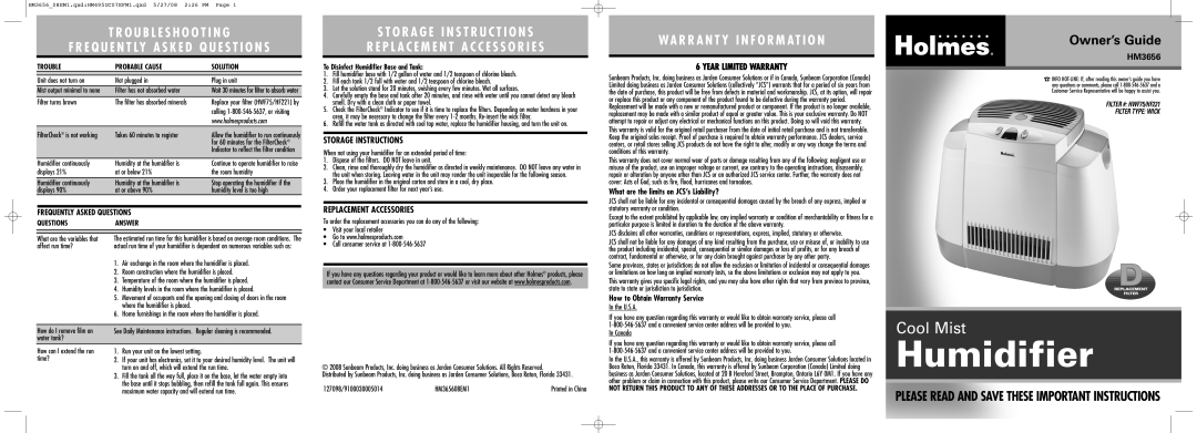 Holmes HM3656 warranty Storage Instructions, Replacement Accessories, Year Limited Warranty 