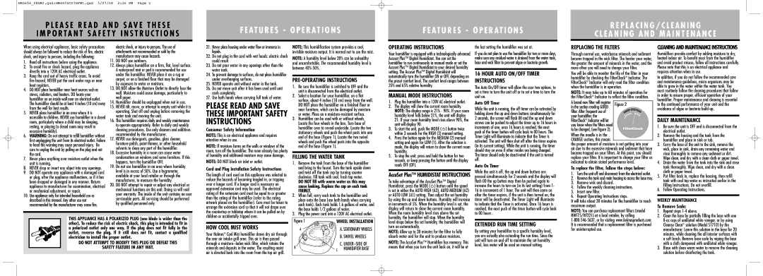 Holmes HM3656 warranty PRE-OPERATING Instructions, Filling the Water Tank, Operating Instructions, Manual Mode Instructions 