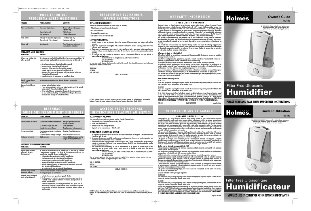 Holmes HM495 warranty Water Leaks from tank Tank rubber ring is missing, Weekly cleaning instructions, Affect run time? 