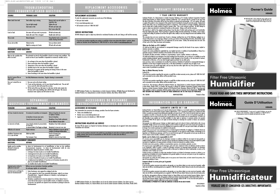 Holmes HM495-UC, HM495UC07EFM3 warranty Replacement Accessories, Service Instructions, Accessoires DE Rechange 