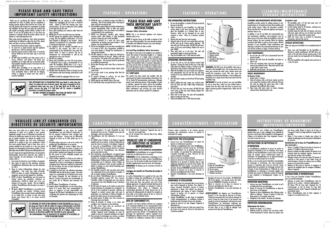 Holmes HM495UC07EFM3 Operating Instructions, Directives PRÉ-UTILISATION, Avis DE Conformité FCC, Consignes D’UTILISATION 