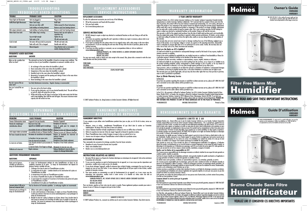 Holmes HM5081, HM5080 warranty Frequently Asked Questions, Questions Fréquemment Demandées, Rangement Directives 