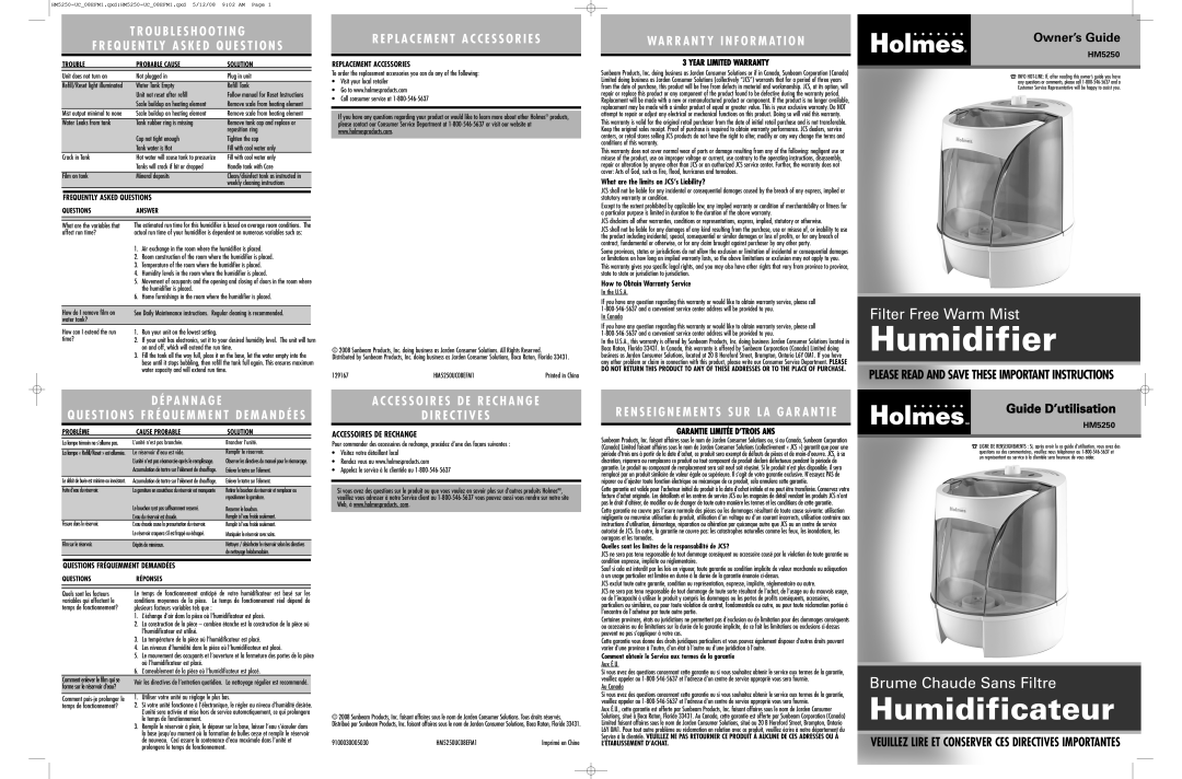 Holmes HM5250-UC warranty T R O U B L E S H O O T I N G, Wa R R A N T Y I N F O R M At I O N, Owner’s Guide, Humidifier 