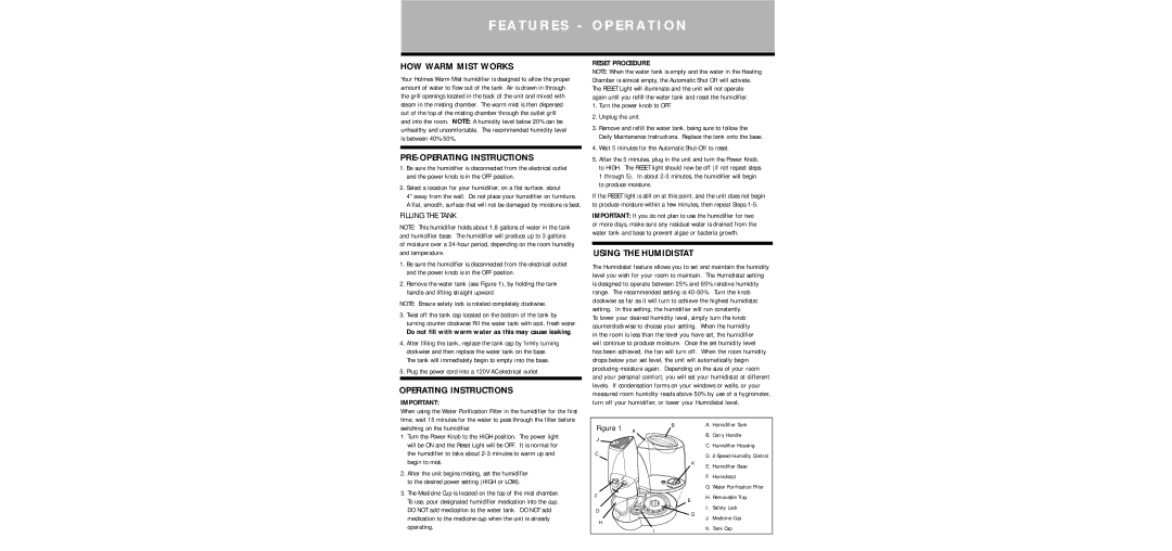 Holmes HM5600 warranty HOW Warm Mist Works, PRE-OPERATING Instructions, Operating Instructions, Using the Humidistat 