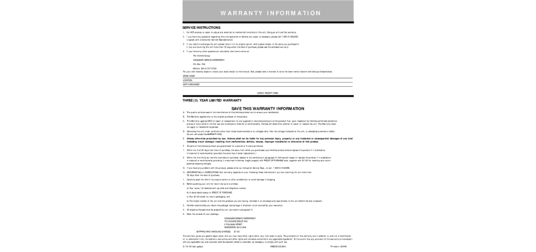 Holmes HM5600 warranty Save this Warranty Information, Service Instructions, Three 3 Year Limited Warranty, Milford, MA 