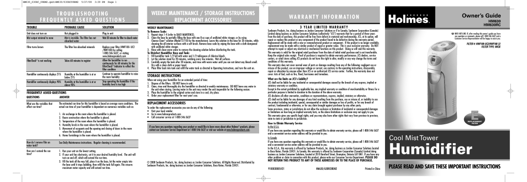 Holmes HM630-U, HM630RC08EM2 warranty Storage Instructions, Replacement Accessories 