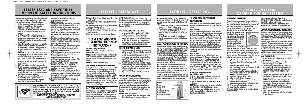 Holmes HM630RC08EM2 PRE-OPERATING Instructions, Filling the Water Tank, Operating Instructions, Replacing the Filters 