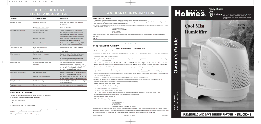 Holmes HM7305-URC warranty Trouble Probable Cause Solution, Replacement Accessories, Service Instructions 