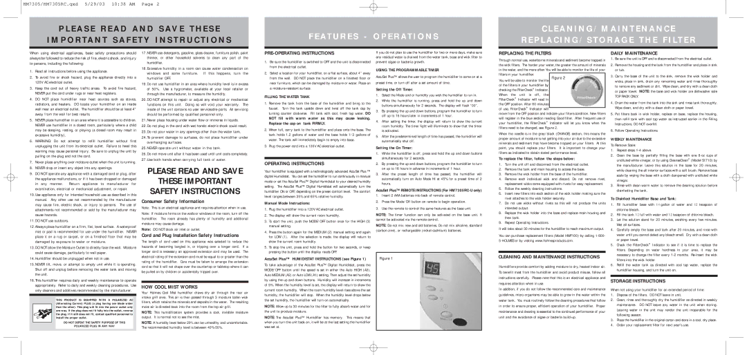 Holmes HM7305-URC warranty HOW Cool Mist Works, PRE-OPERATING Instructions, Operating Instructions, Replacing the Filters 