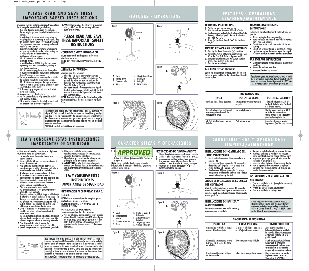 Holmes HPF1151MK Operating Instructions, CLEANING/MAINTENANCE Instructions, Consumer Safety Information, Troubleshooting 