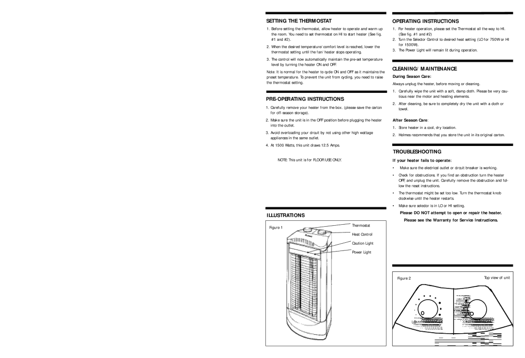 Holmes HQH305 H Setting the Thermostat, PRE-OPERATING Instructions, Illustrations, Operating Instructions, Troubleshooting 