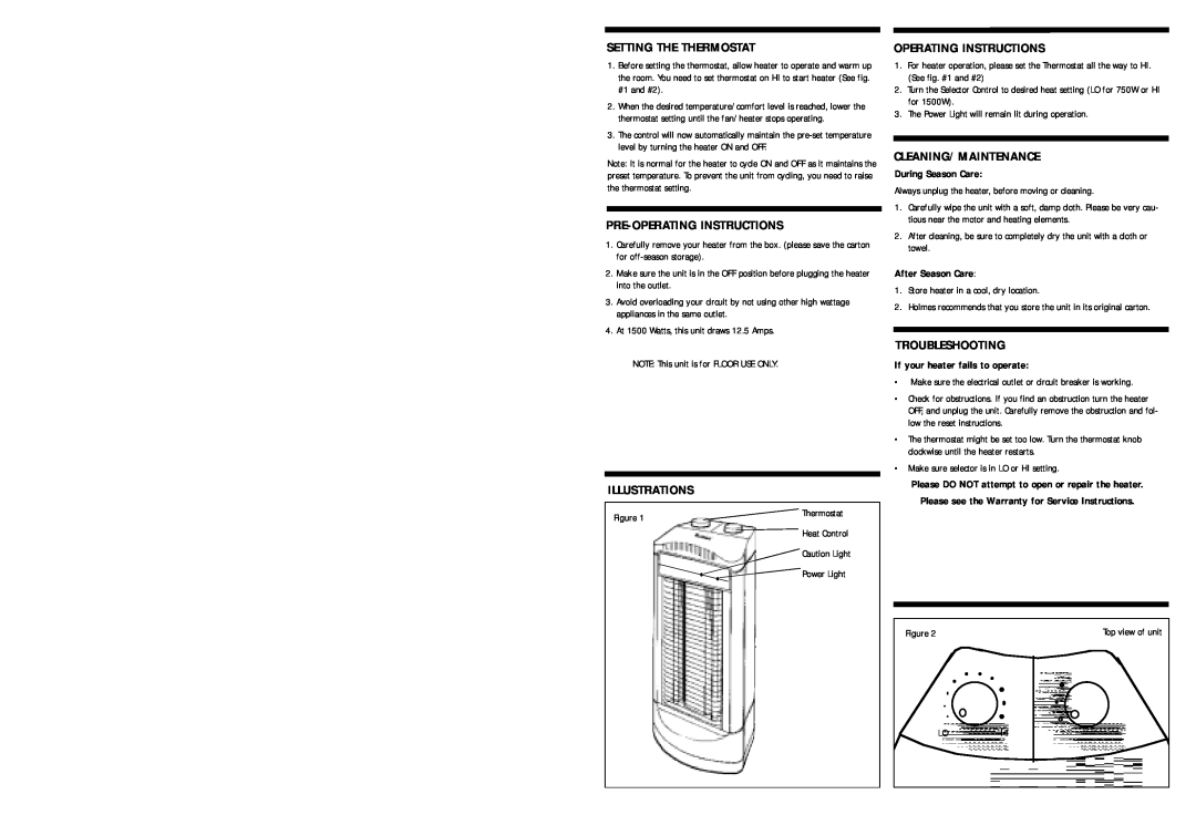 Holmes HQH305 H Setting The Thermostat, Pre-Operatinginstructions, Illustrations, Operating Instructions, Troubleshooting 