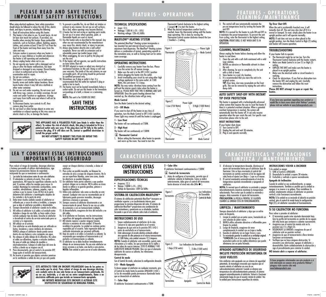 Holmes HQH307B warranty Technical Specifications, Maxflowtm Heating System, Operating Instructions, Cleaning/Maintenance 