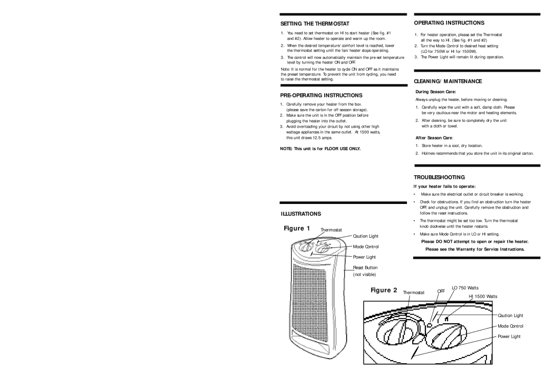 Holmes HQH307TG warranty Setting the Thermostat, PRE-OPERATING Instructions, Operating Instructions, Cleaning/Maintenance 