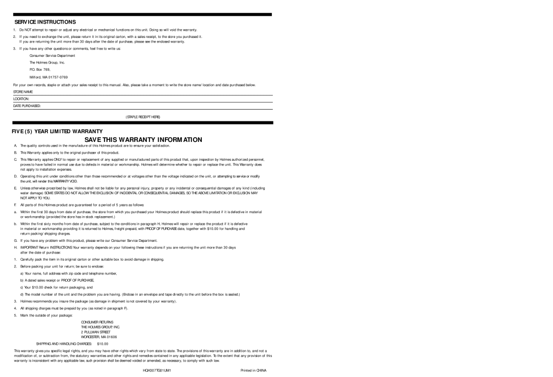 Holmes HQH307TG warranty Service Instructions, Five 5 Year Limited Warranty 