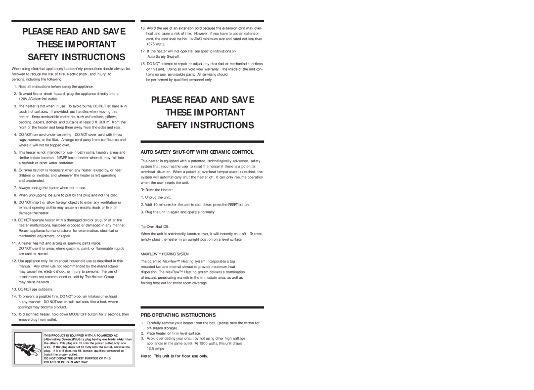 Holmes HQH309 warranty PRE-OPERATING Instructions 