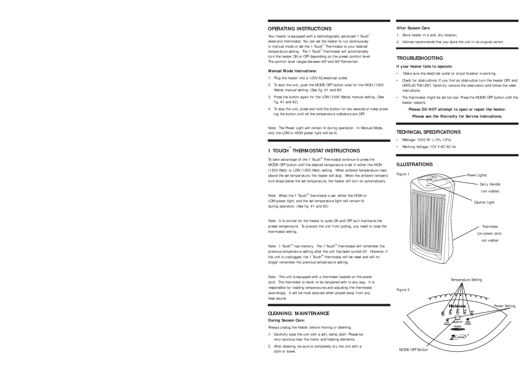 Holmes HQH309 warranty Operating Instructions, Touchtm Thermostat Instructions, Cleaning/Maintenance, Troubleshooting 