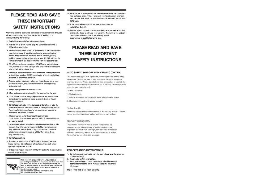 Holmes HQH309 warranty Pre-Operating Instructions, Note This unit is for floor use only 