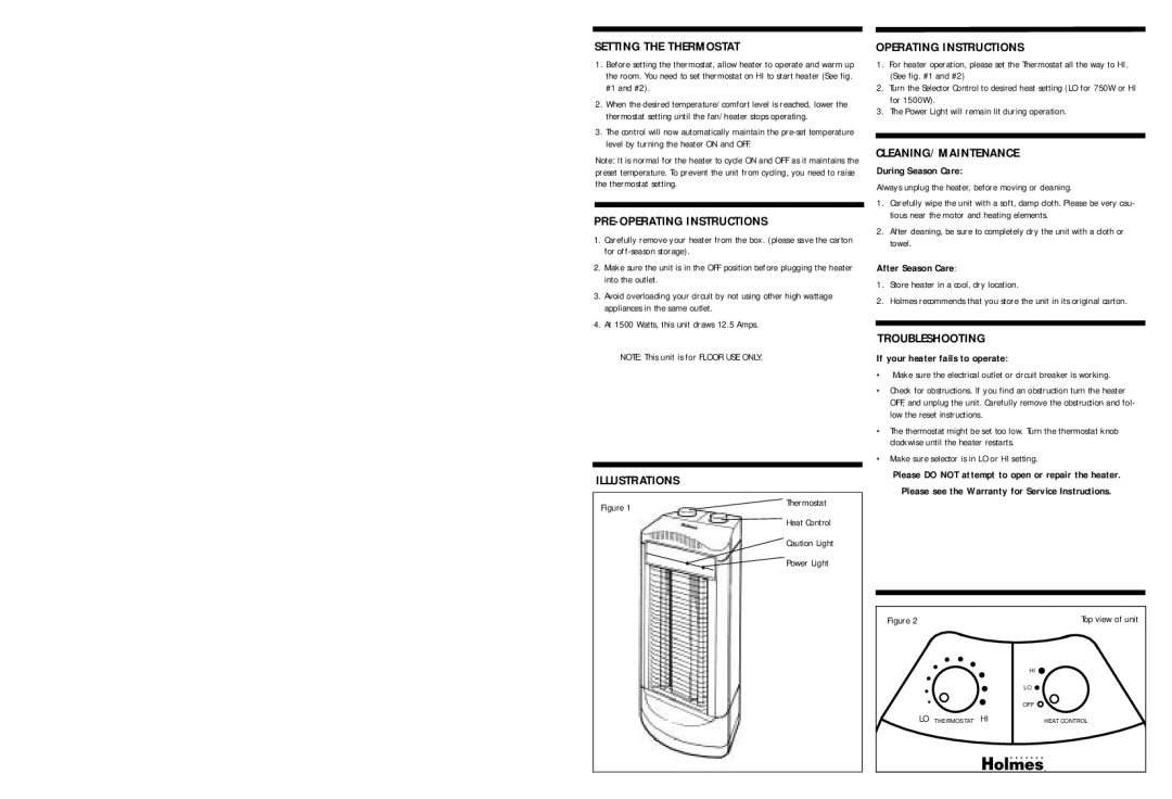 Holmes HQH715 Setting the Thermostat, PRE-OPERATING Instructions, Illustrations, Operating Instructions, Troubleshooting 