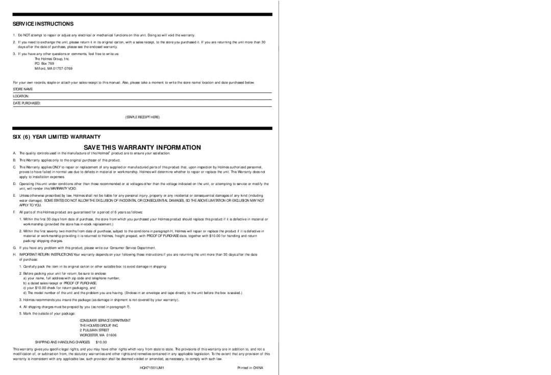 Holmes HQH715 warranty Service Instructions, SIX 6 Year Limited Warranty 