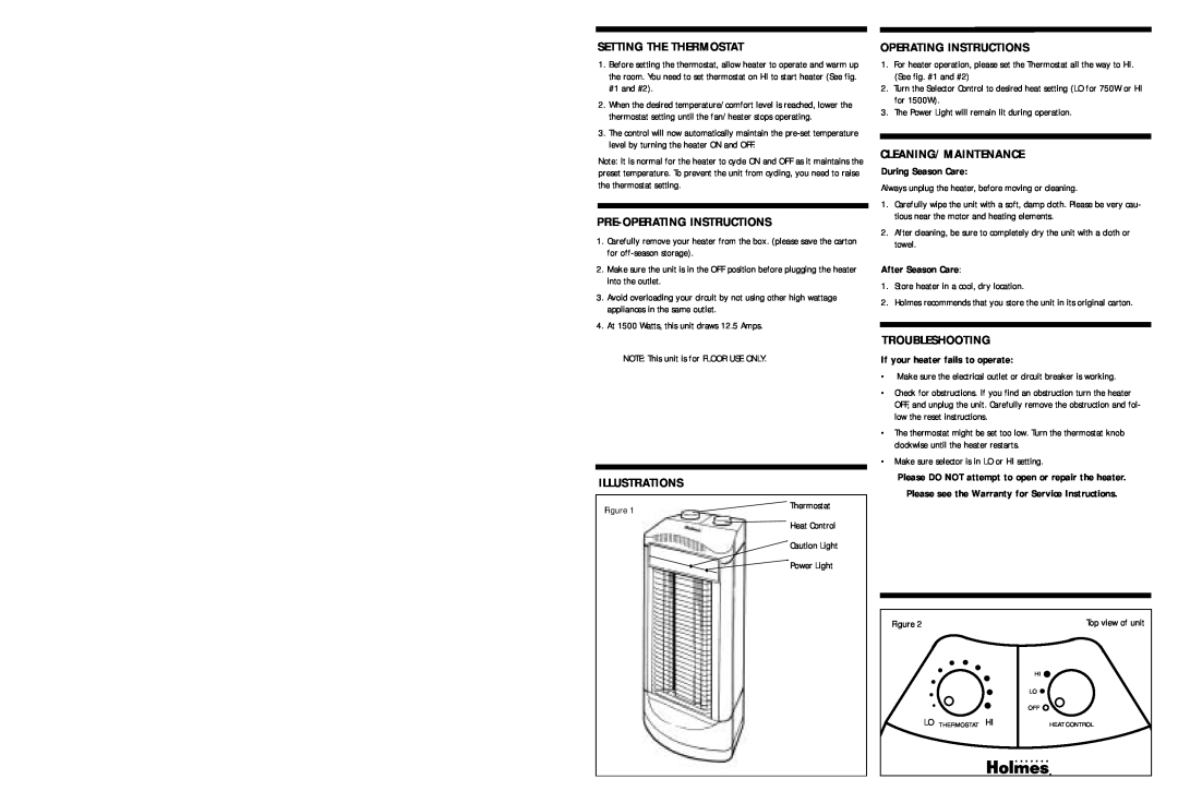 Holmes HQH715 Setting The Thermostat, Pre-Operatinginstructions, Illustrations, Operating Instructions, Troubleshooting 