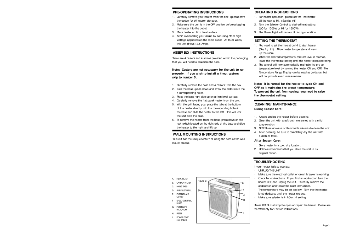 Holmes HRH721 PRE-OPERATING Instructions, Assembly Instructions, Wall Mounting Instructions, Operating Instructions 