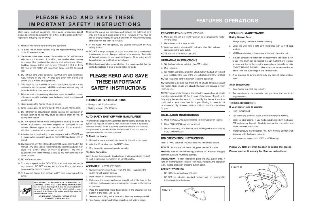 Holmes HRH848 warranty Assembly Instructions, PRE-OPERATING Instructions, Operating Instructions, Oscillation Instructions 