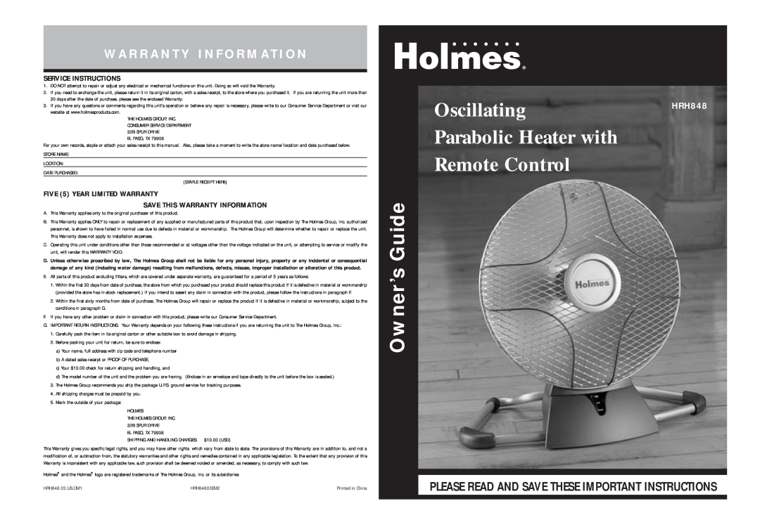 Holmes HRH848 warranty Wa R R A N T Y I N F O R M At I O N, Service Instructions, FIVE 5 YEAR LIMITED WARRANTY 