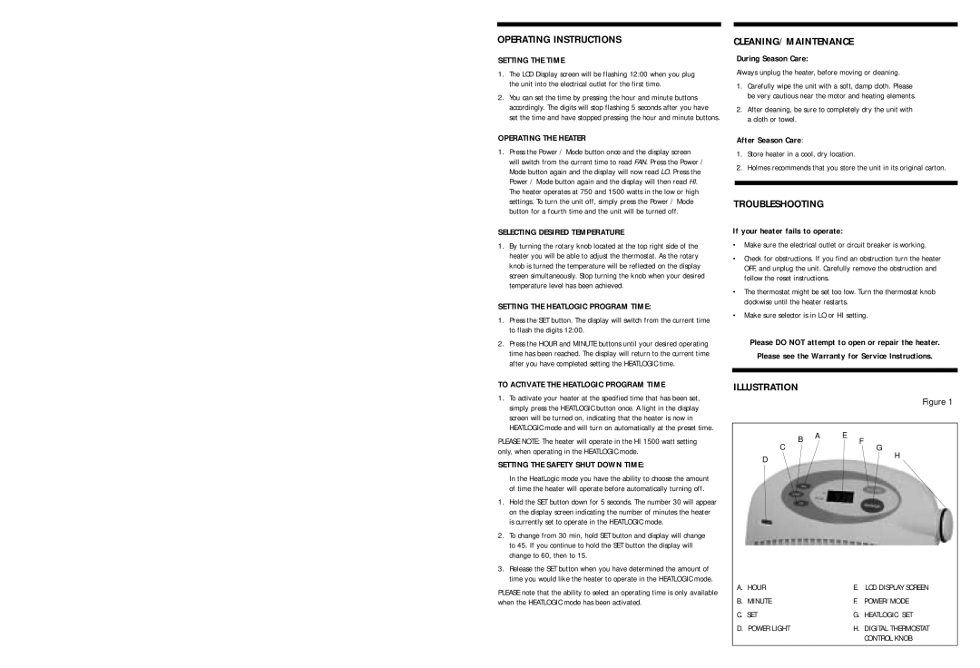 Holmes HS4350 warranty Operating Instructions, Cleaning/Maintenance, Troubleshooting, Illustration 